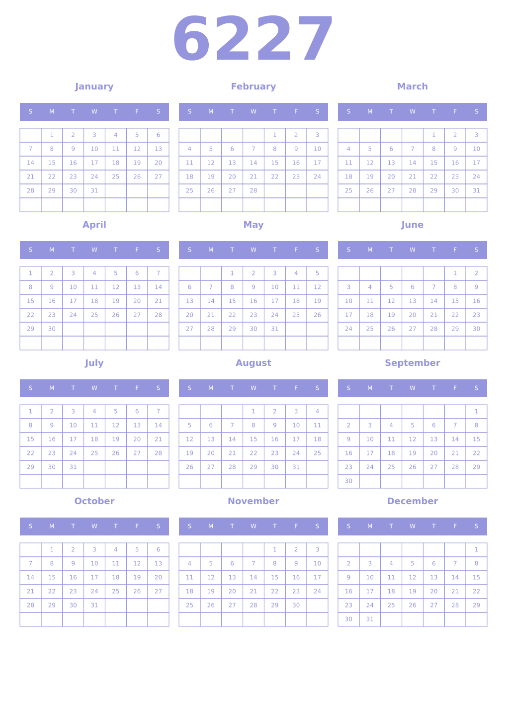 Printable 6227 Year Calendars periwinkle