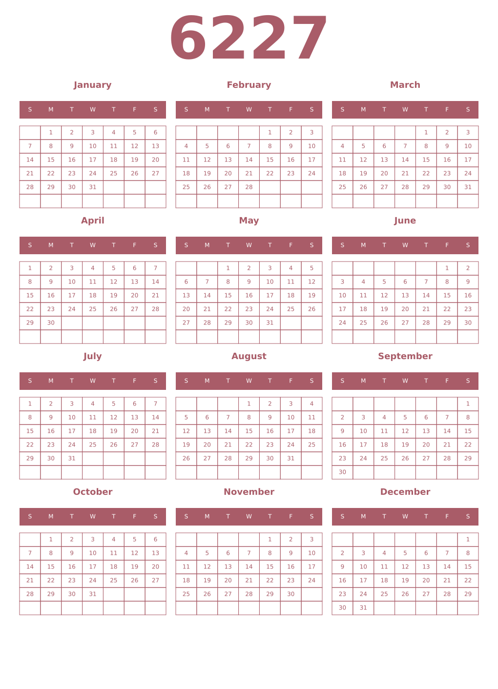 Printable 6227 Year Calendars puce