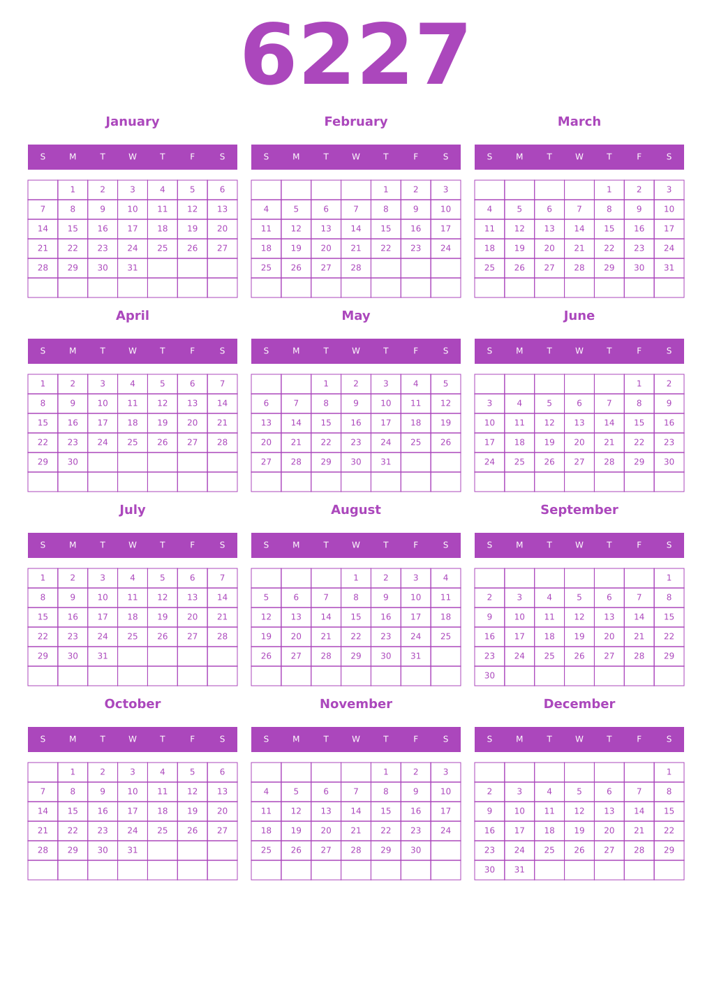 Printable 6227 Year Calendars purple
