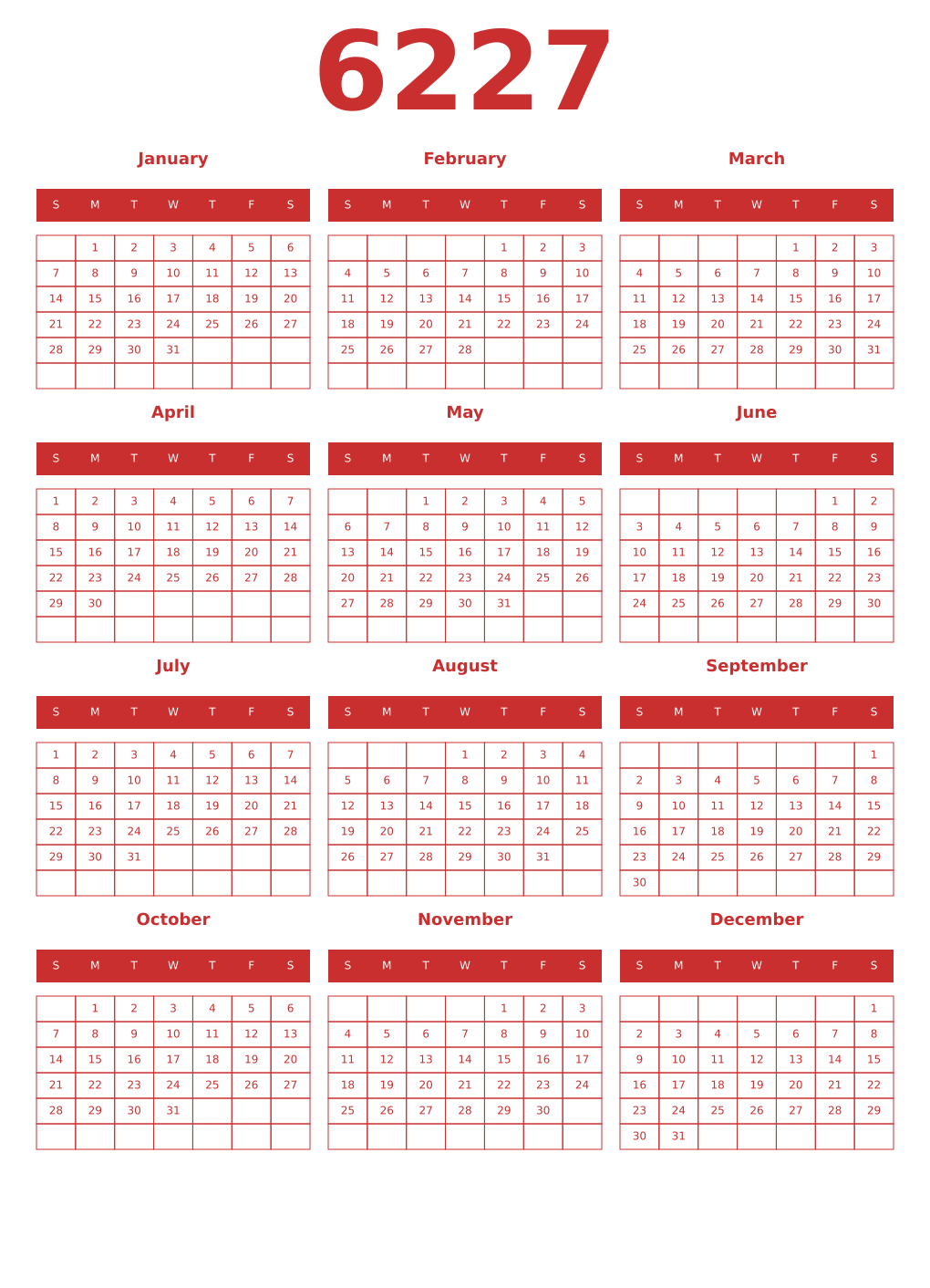 Printable 6227 Year Calendars red