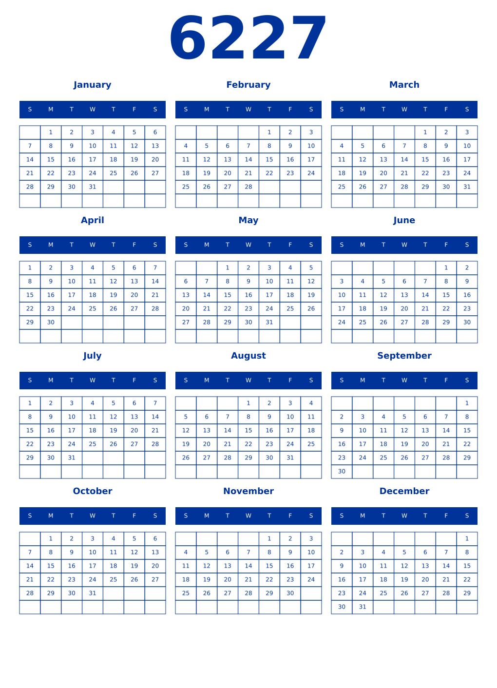 Printable 6227 Year Calendars smalt