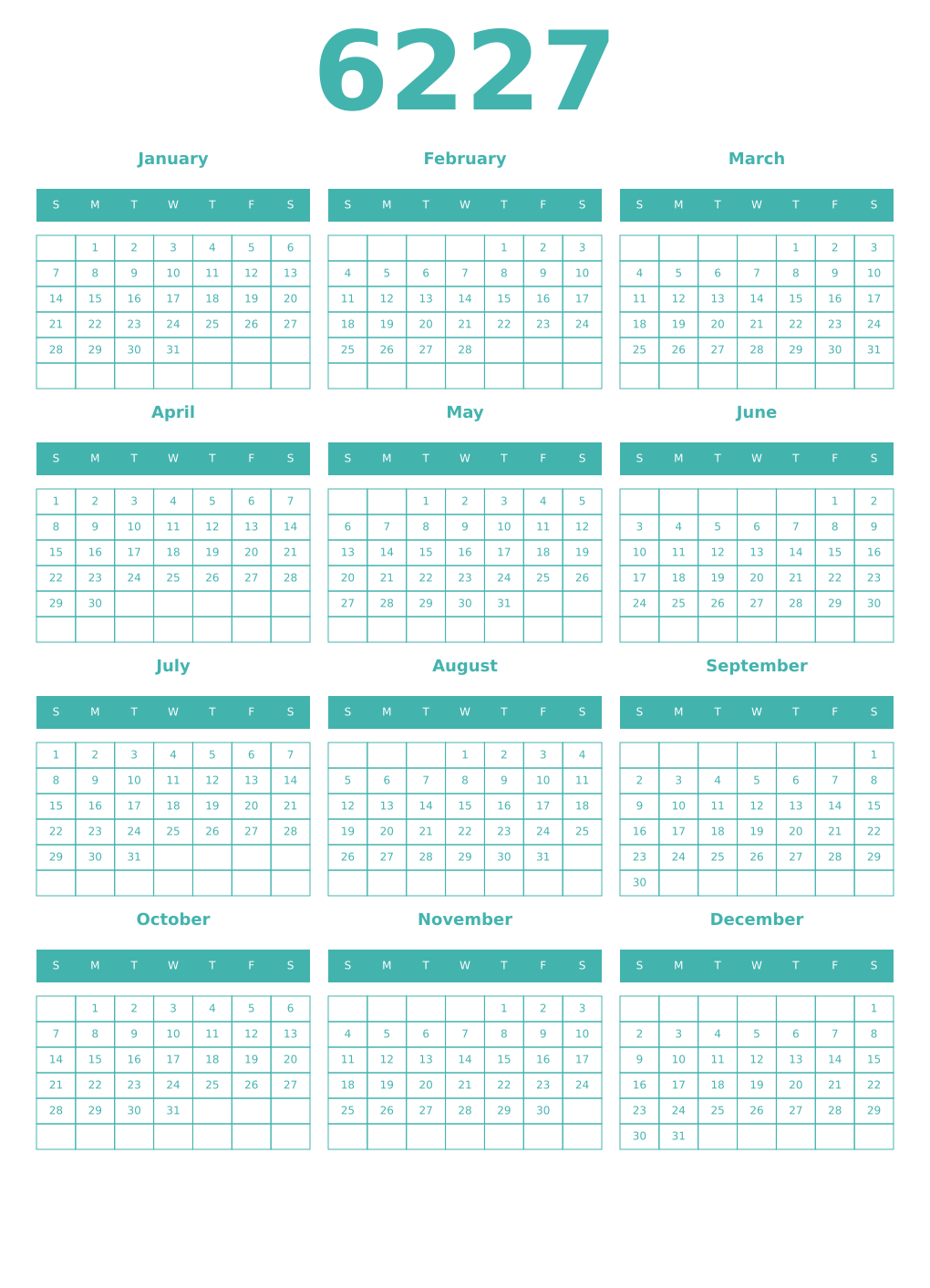 Printable 6227 Year Calendars verdigris
