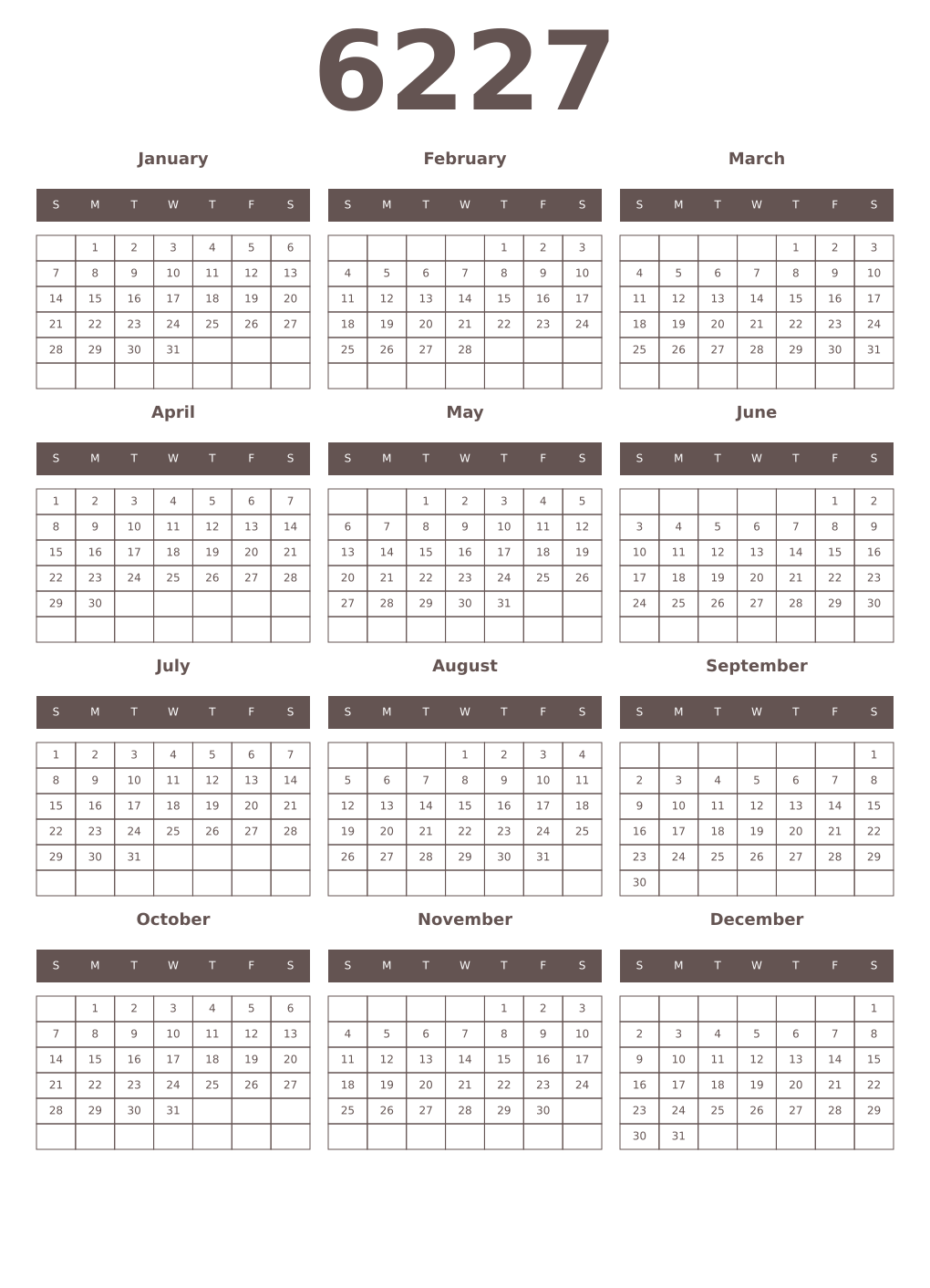 Printable 6227 Year Calendars wenge