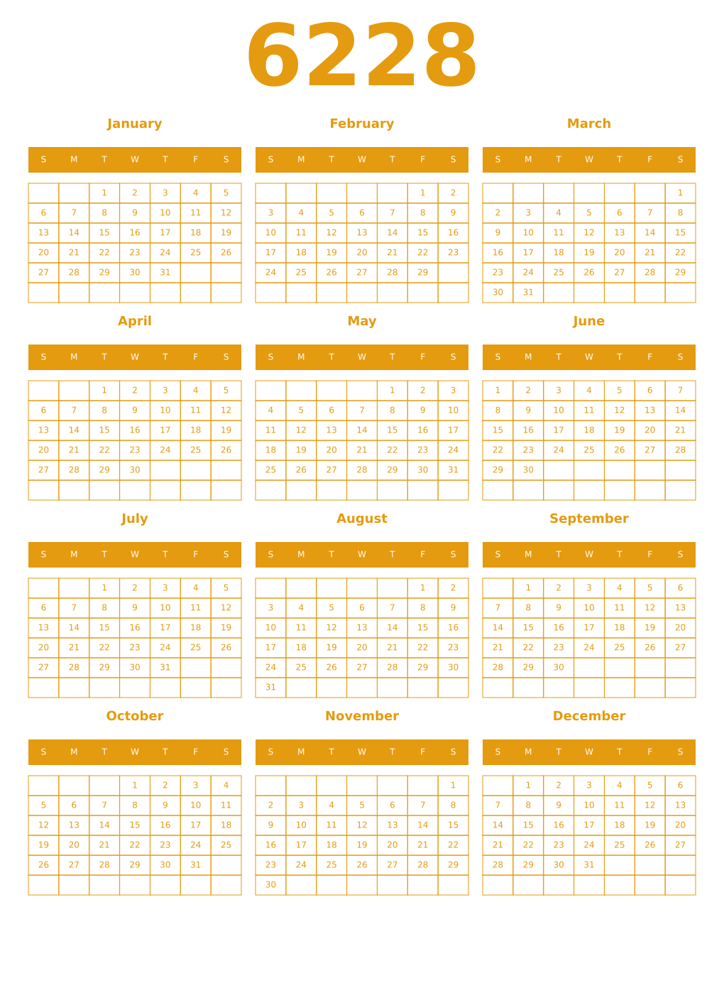 Printable 6228 Year Calendars gamboge