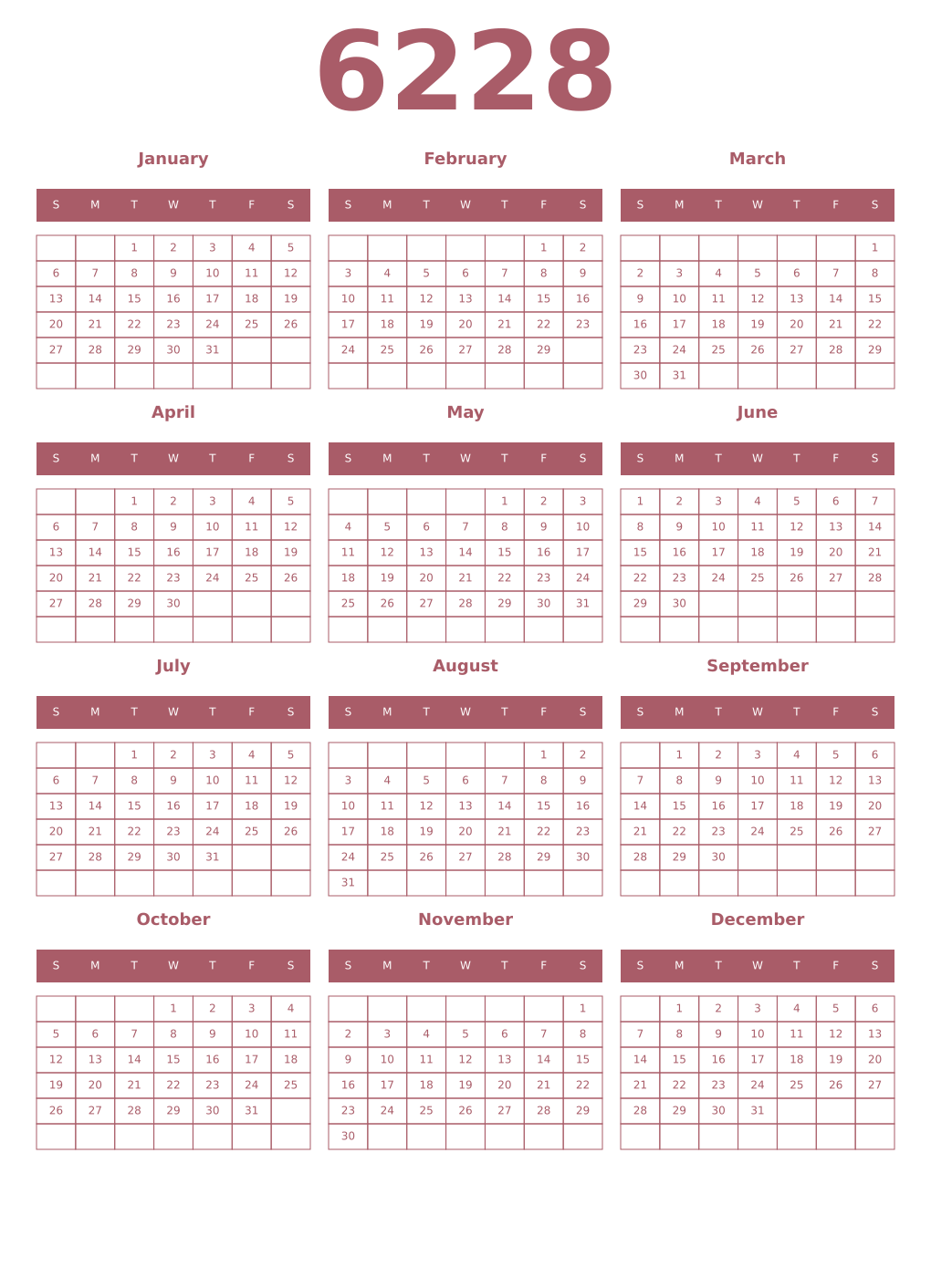 Printable 6228 Year Calendars puce