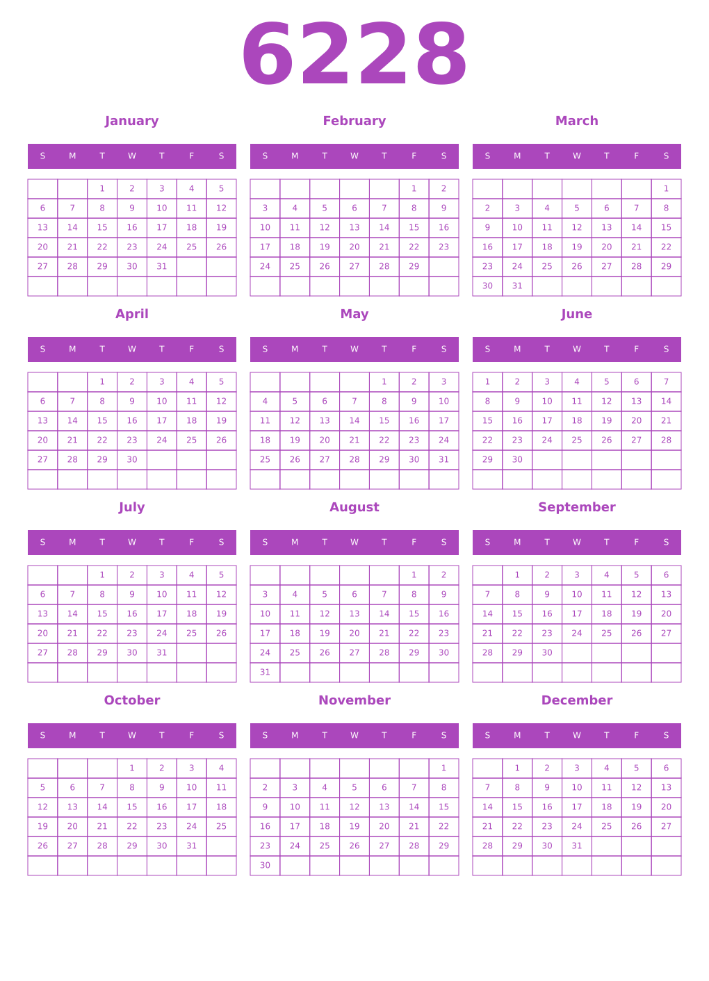 Printable 6228 Year Calendars purple