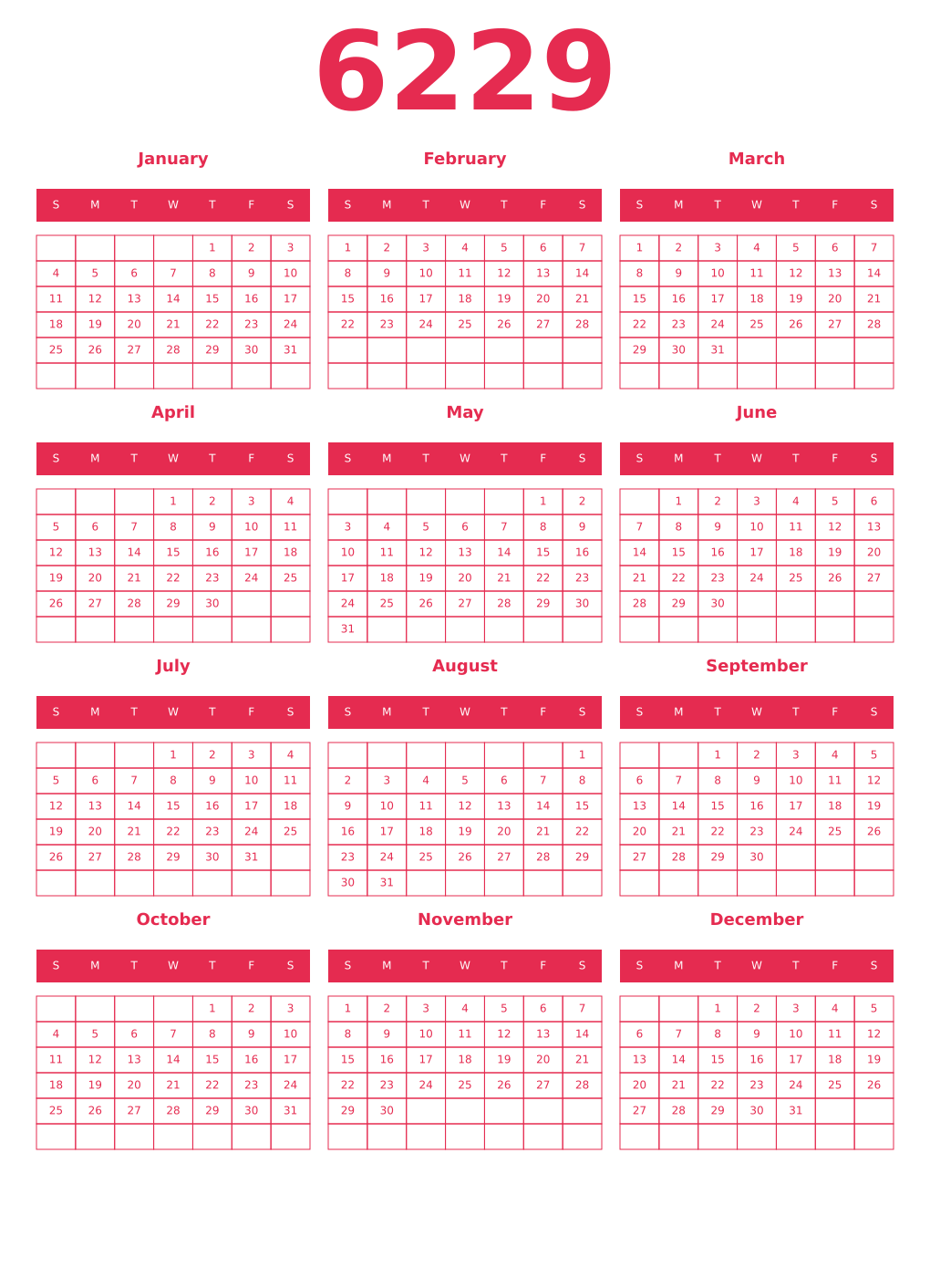 Printable 6229 Year Calendars amaranth