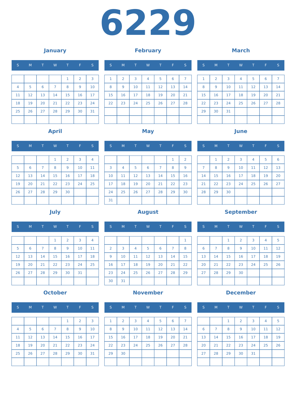 Printable 6229 Year Calendars blue