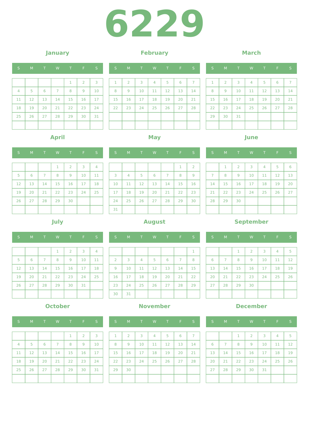 Printable 6229 Year Calendars celadon