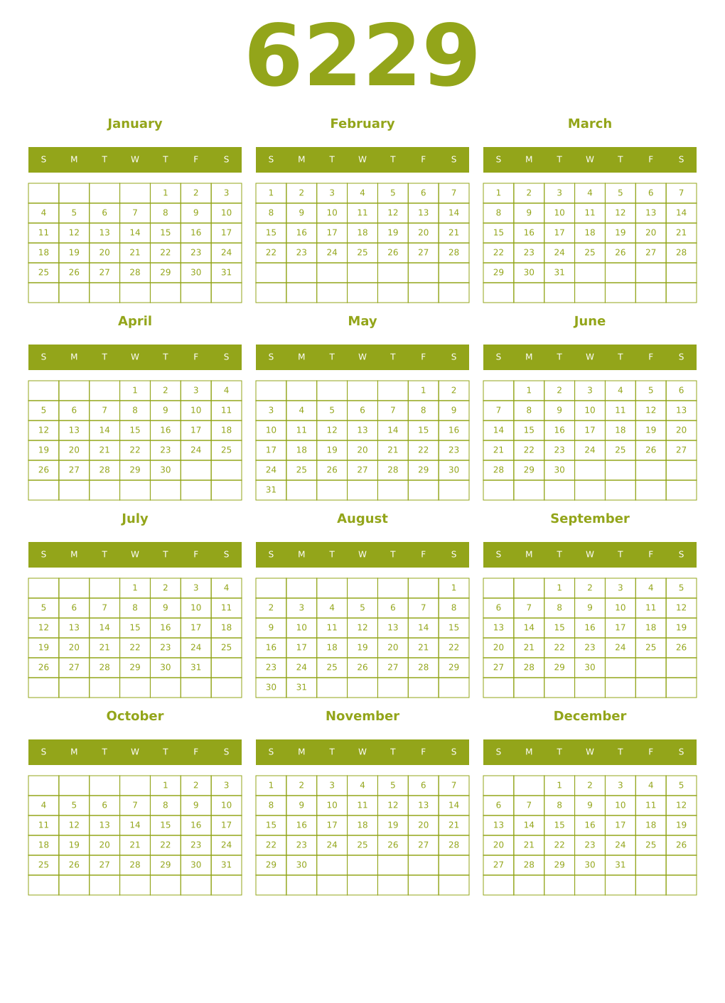 Printable 6229 Year Calendars chartreuse