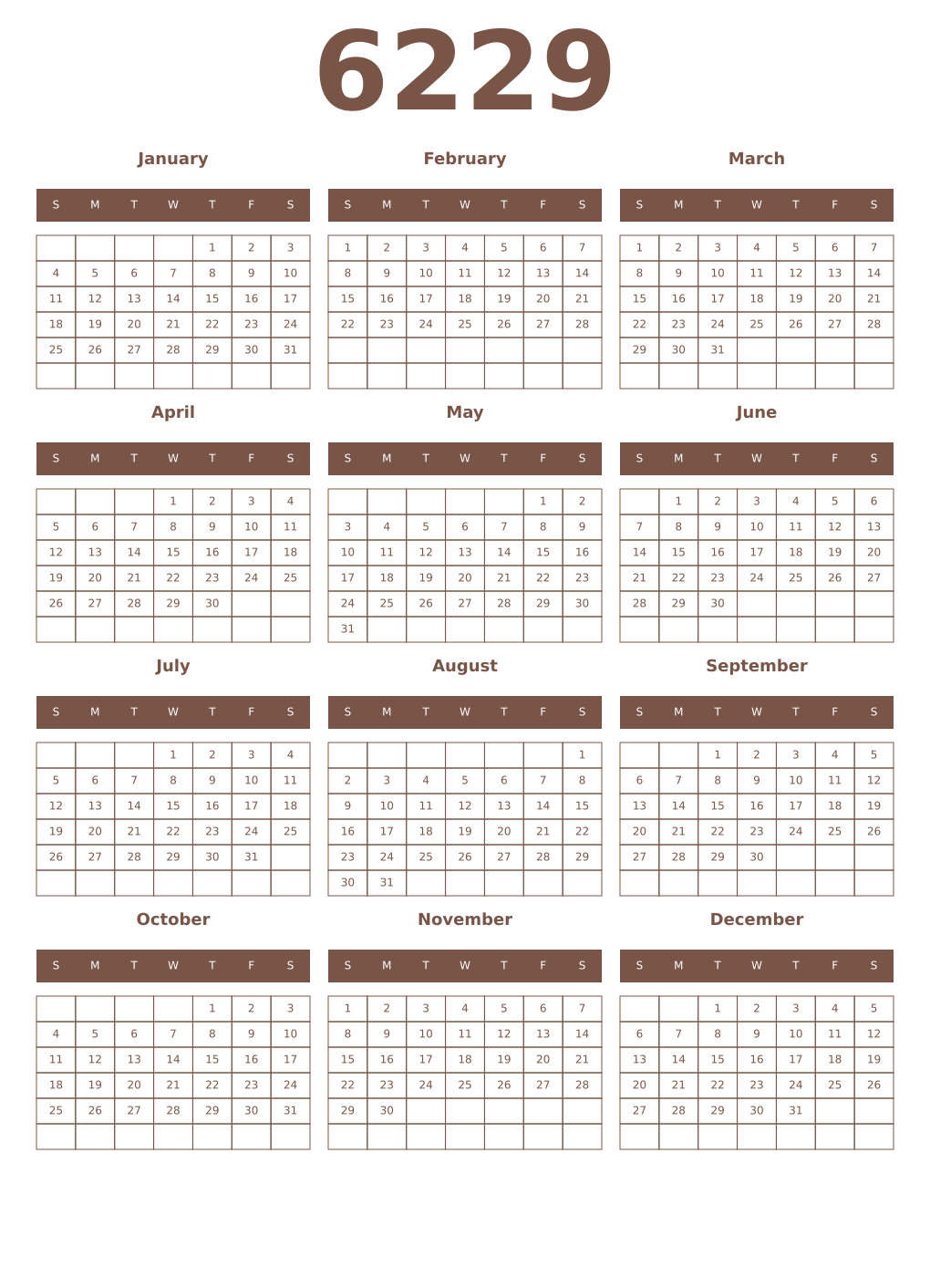 Printable 6229 Year Calendars coffe