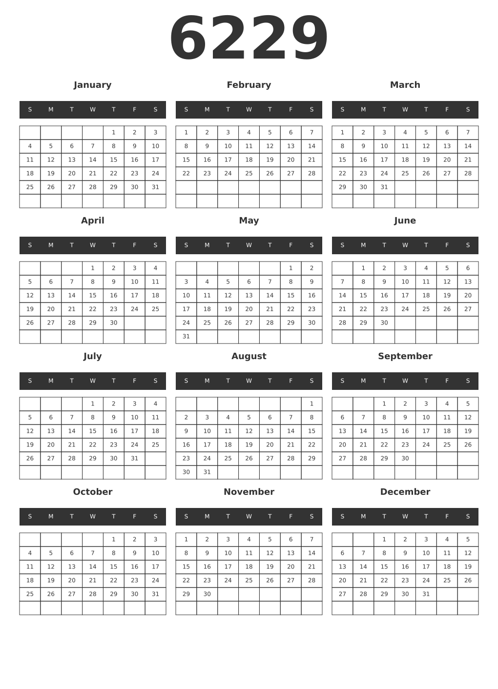 Printable 6229 Year Calendars dark