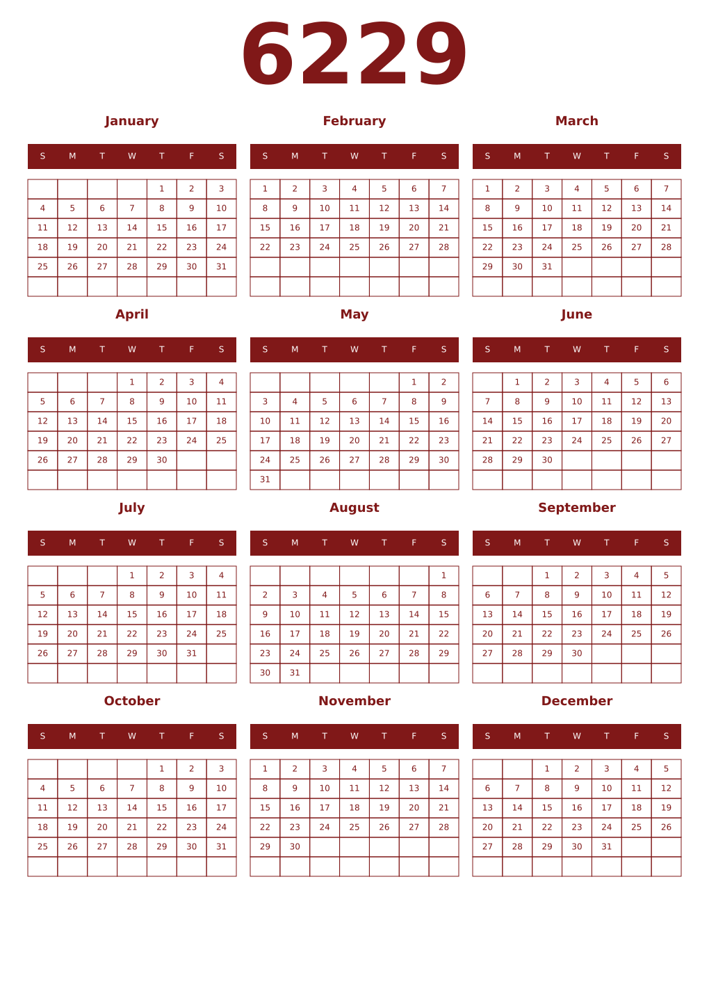 Printable 6229 Year Calendars falu