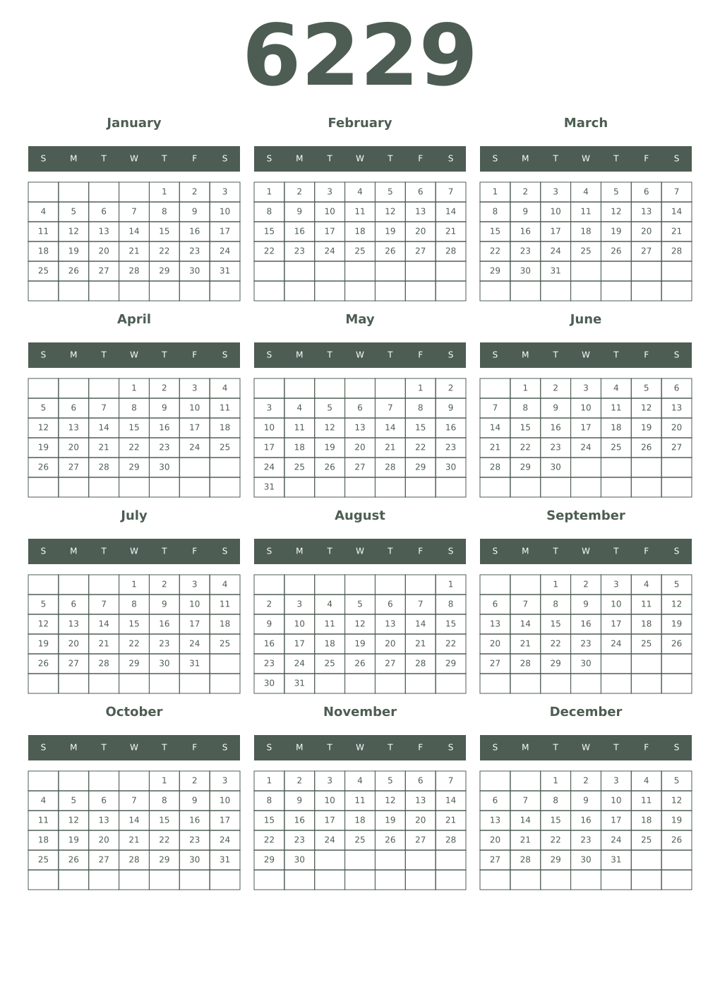 Printable 6229 Year Calendars feldgrau