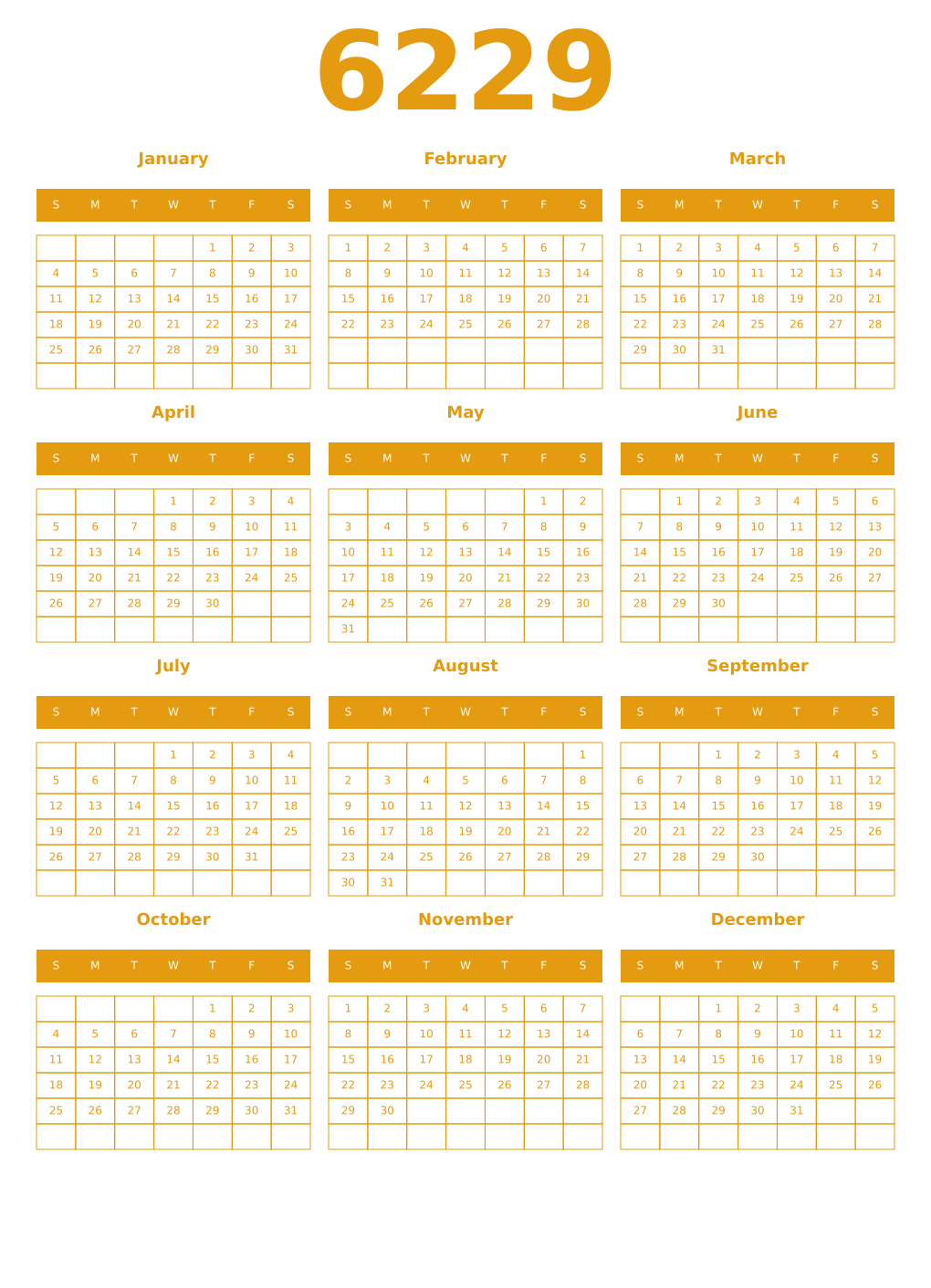 Printable 6229 Year Calendars gamboge