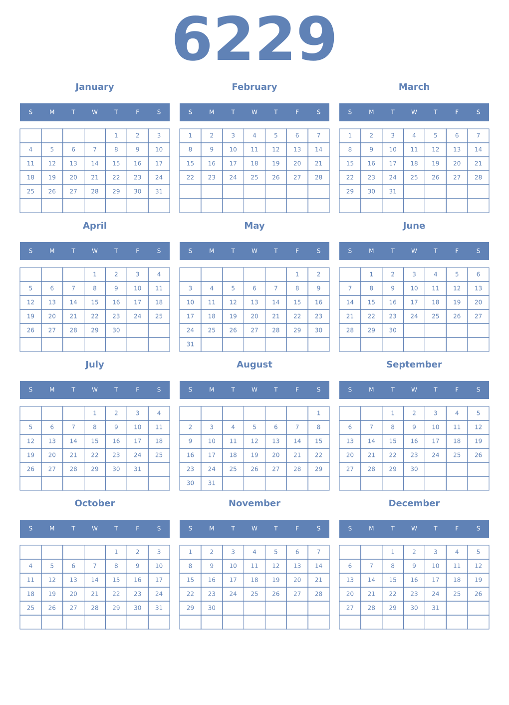 Printable 6229 Year Calendars glaucous