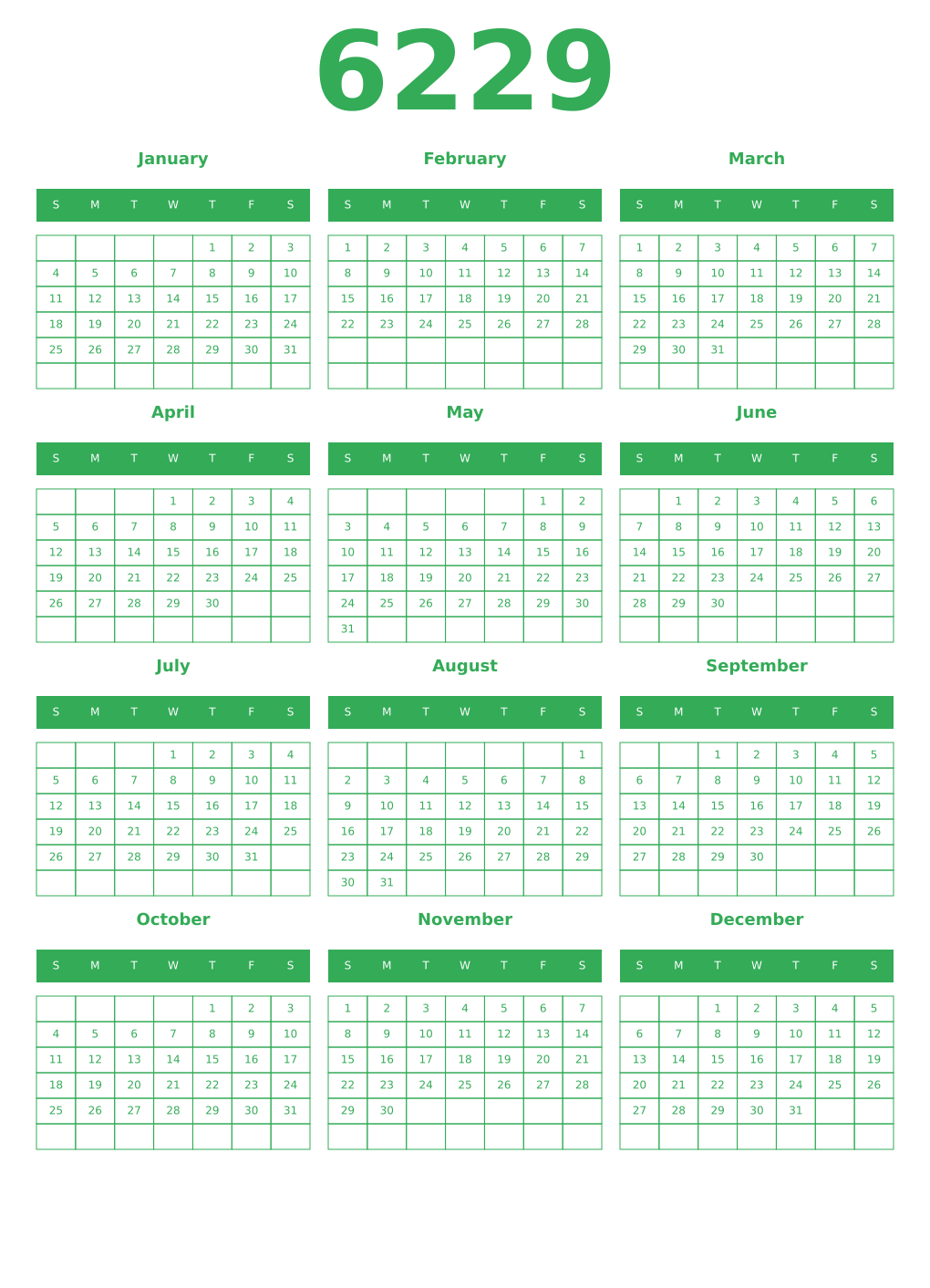 Printable 6229 Year Calendars green