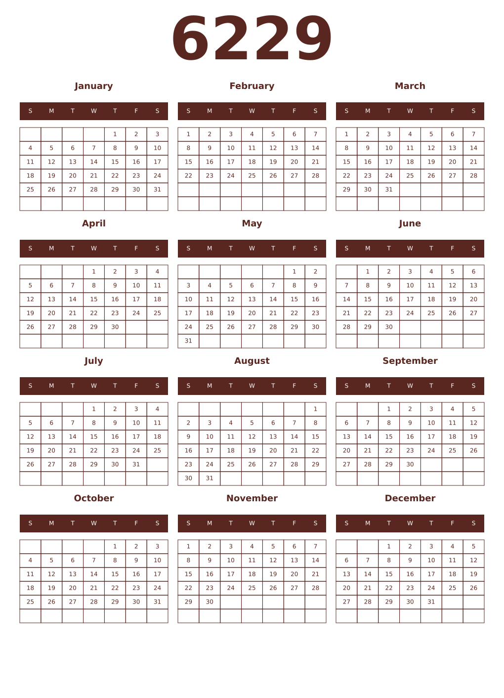 Printable 6229 Year Calendars mortuum