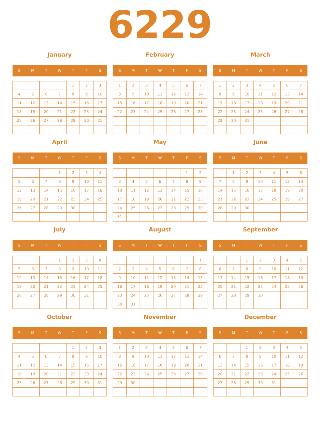 Printable 6229 Year Calendars orange