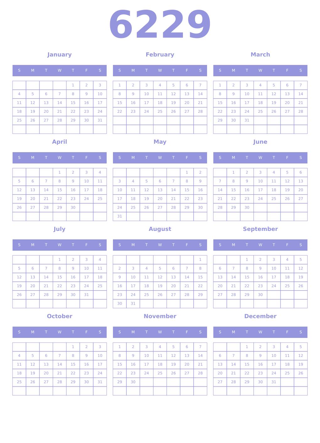 Printable 6229 Year Calendars periwinkle
