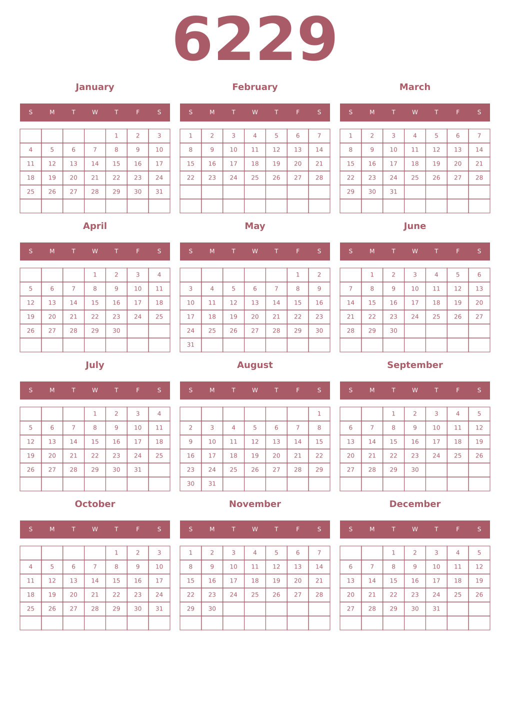 Printable 6229 Year Calendars puce