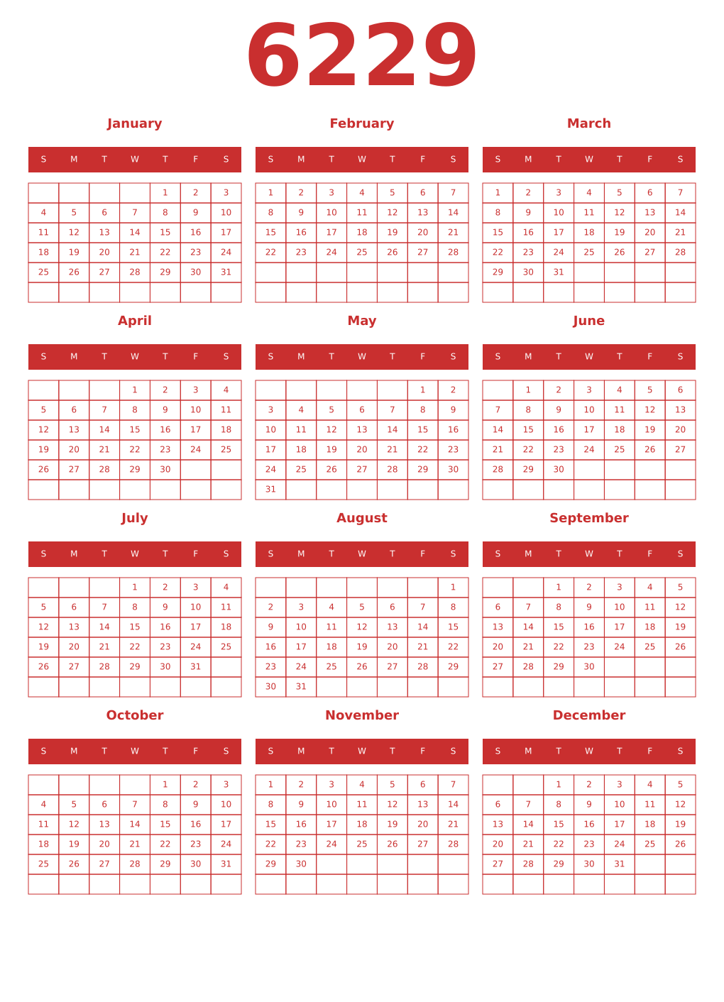Printable 6229 Year Calendars red