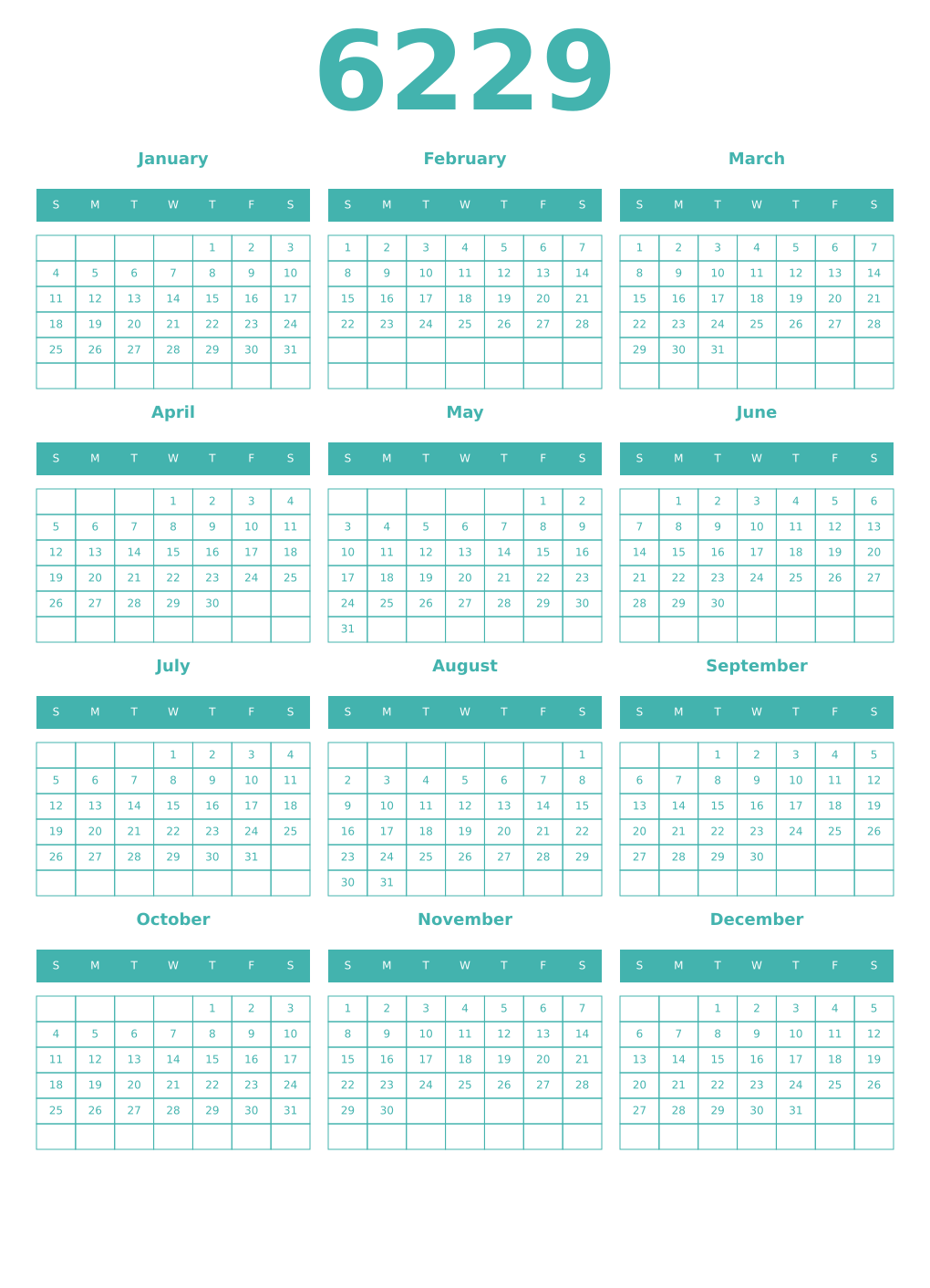 Printable 6229 Year Calendars verdigris