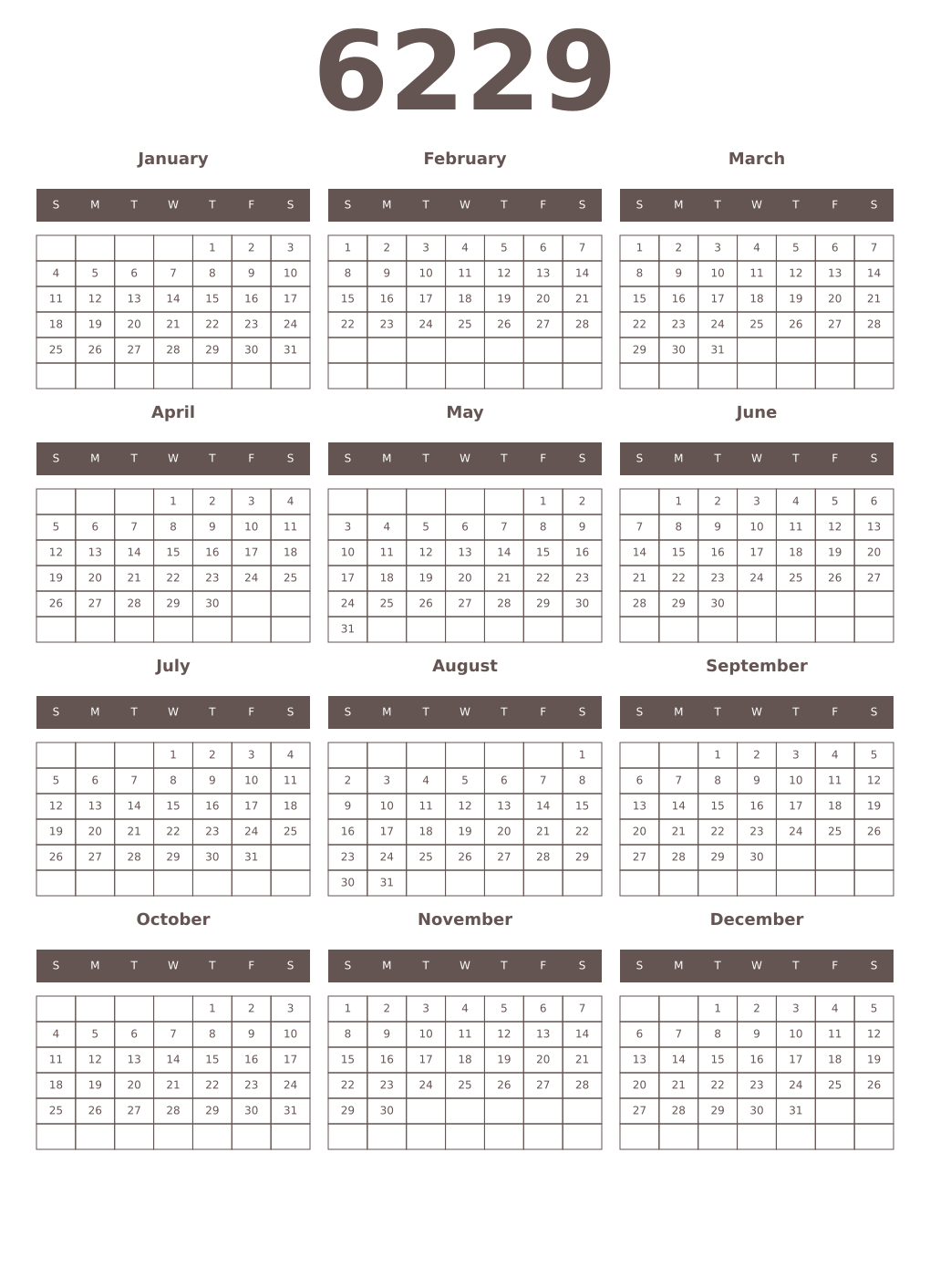 Printable 6229 Year Calendars wenge