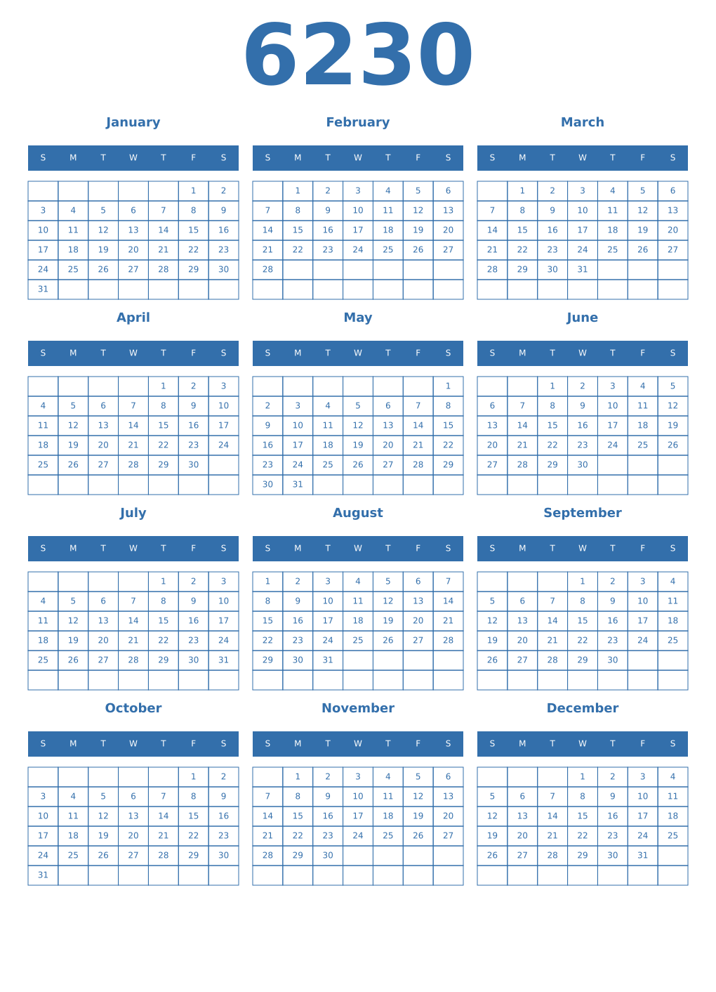 Printable 6230 Year Calendars blue