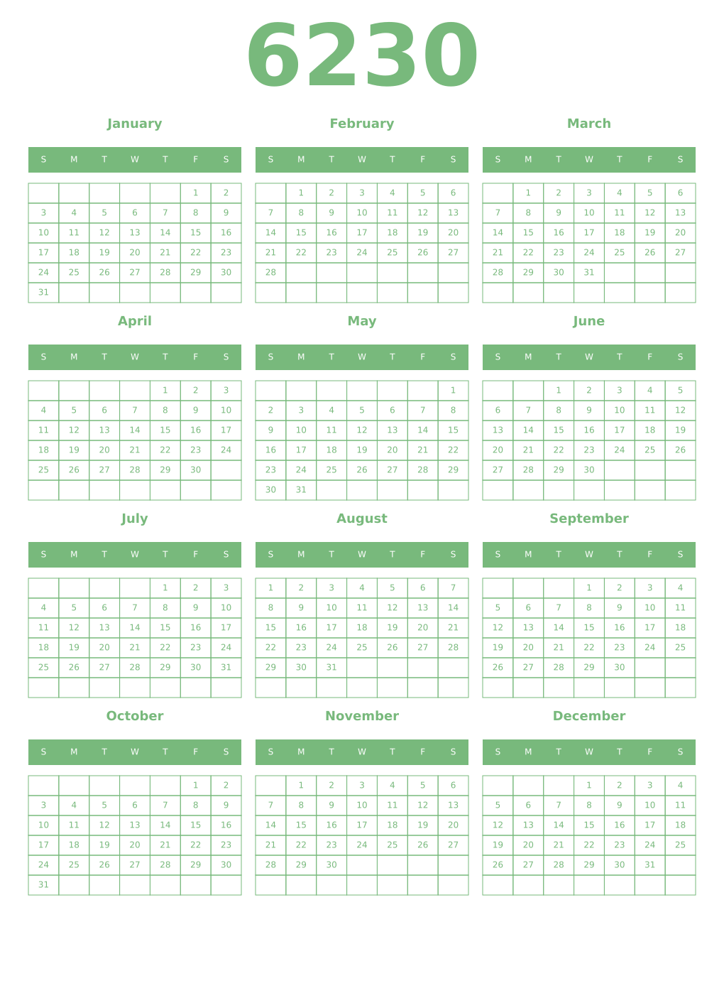 Printable 6230 Year Calendars celadon
