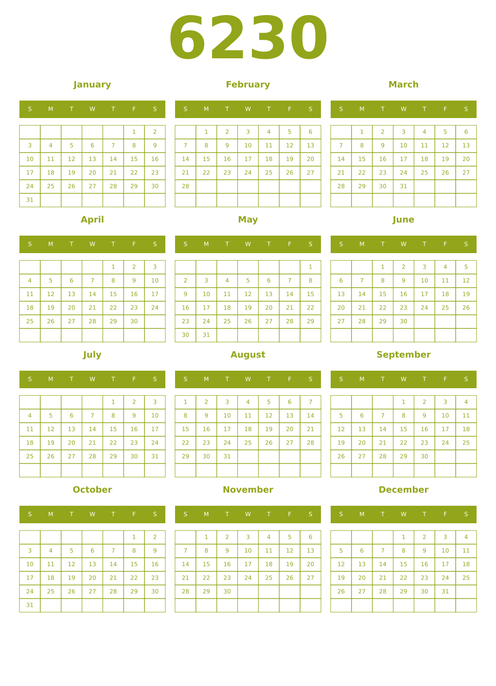 Printable 6230 Year Calendars chartreuse