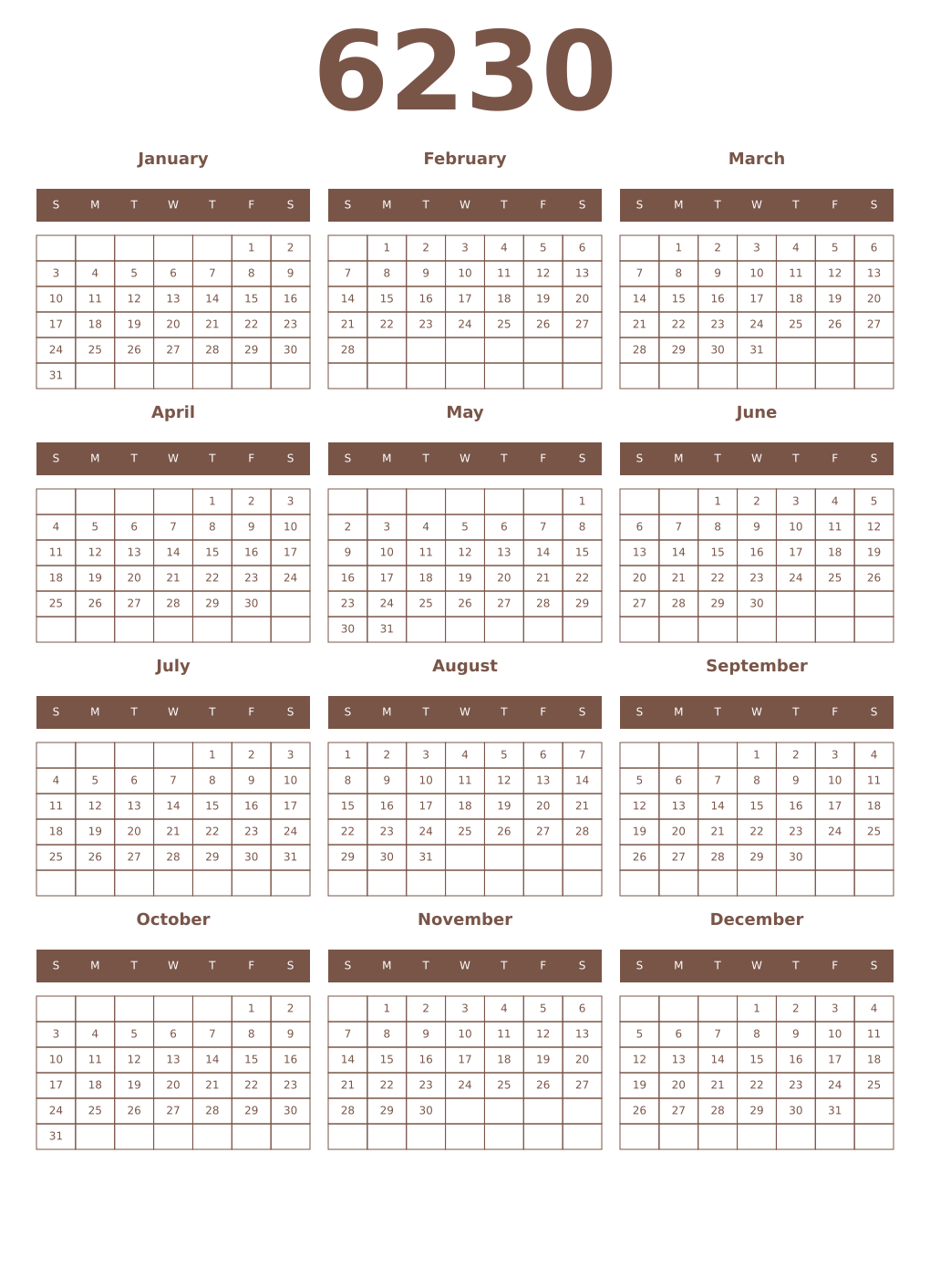 Printable 6230 Year Calendars coffe