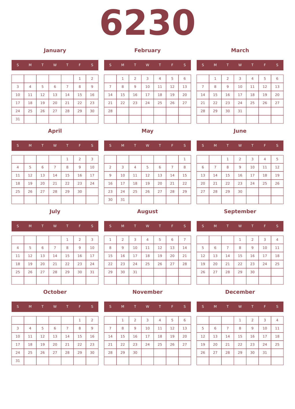 Printable 6230 Year Calendars cordovan