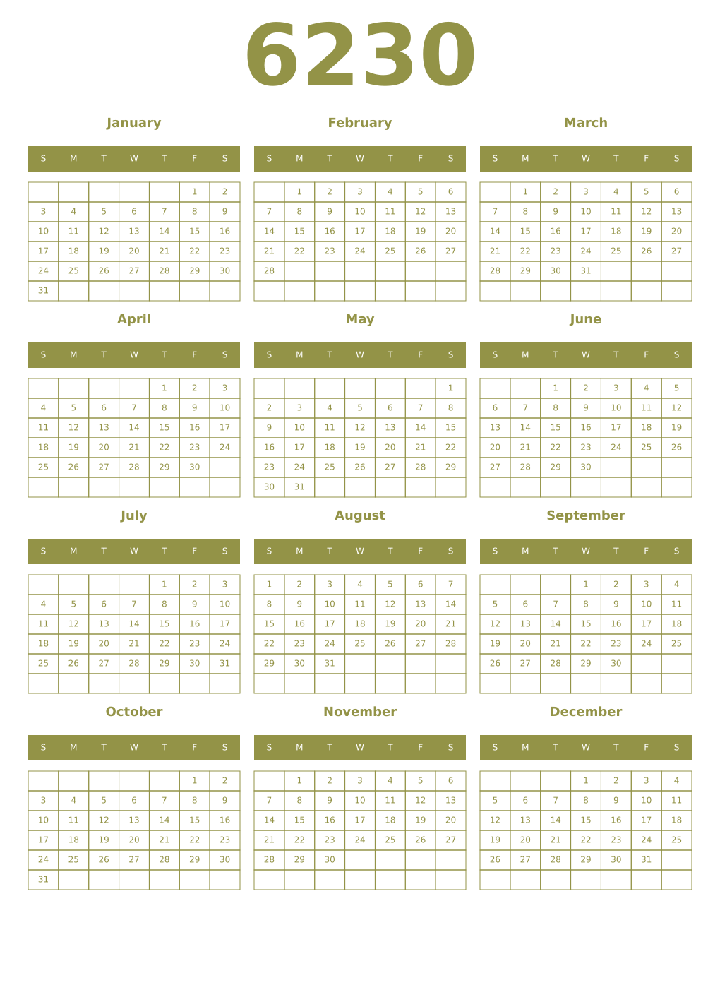 Printable 6230 Year Calendars eburnean
