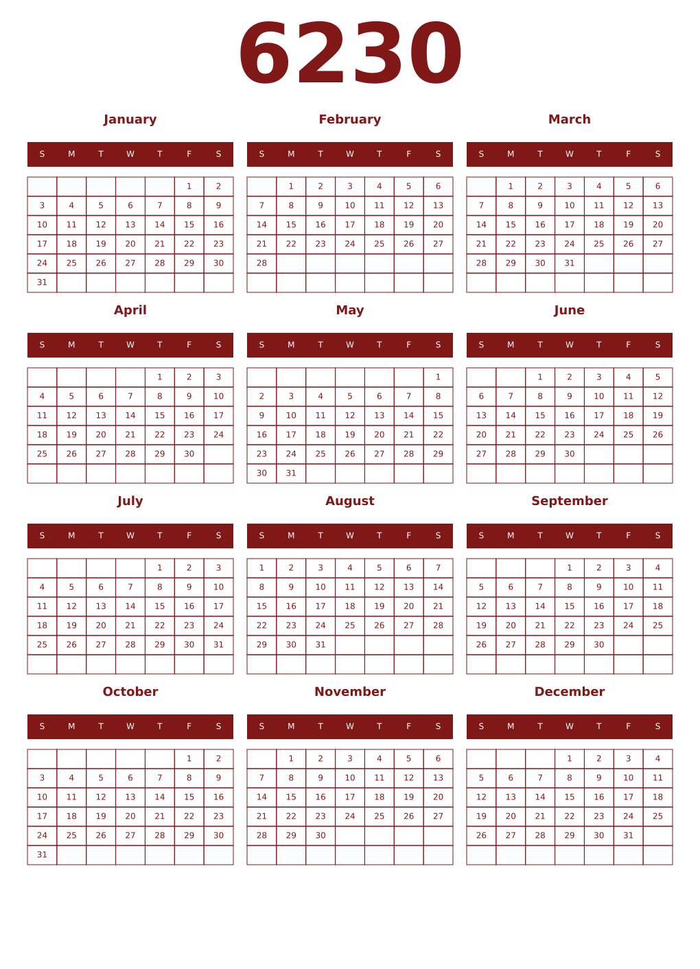 Printable 6230 Year Calendars falu