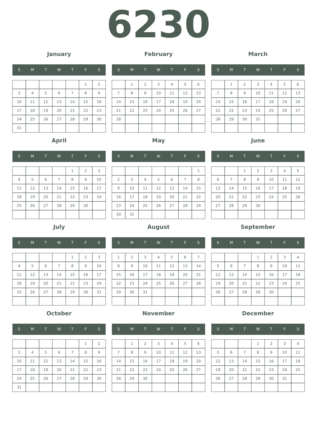 Printable 6230 Year Calendars feldgrau