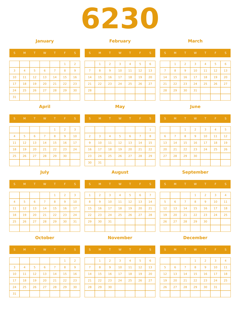 Printable 6230 Year Calendars gamboge