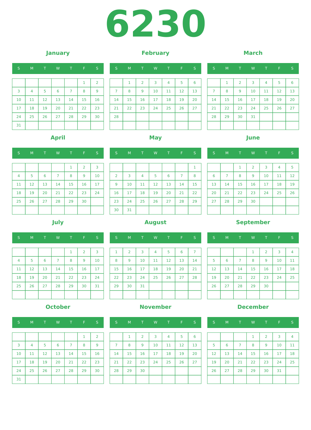 Printable 6230 Year Calendars green