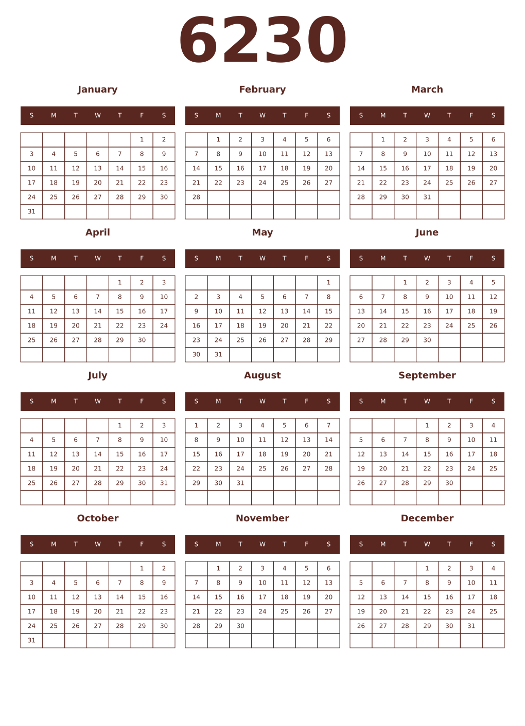 Printable 6230 Year Calendars mortuum