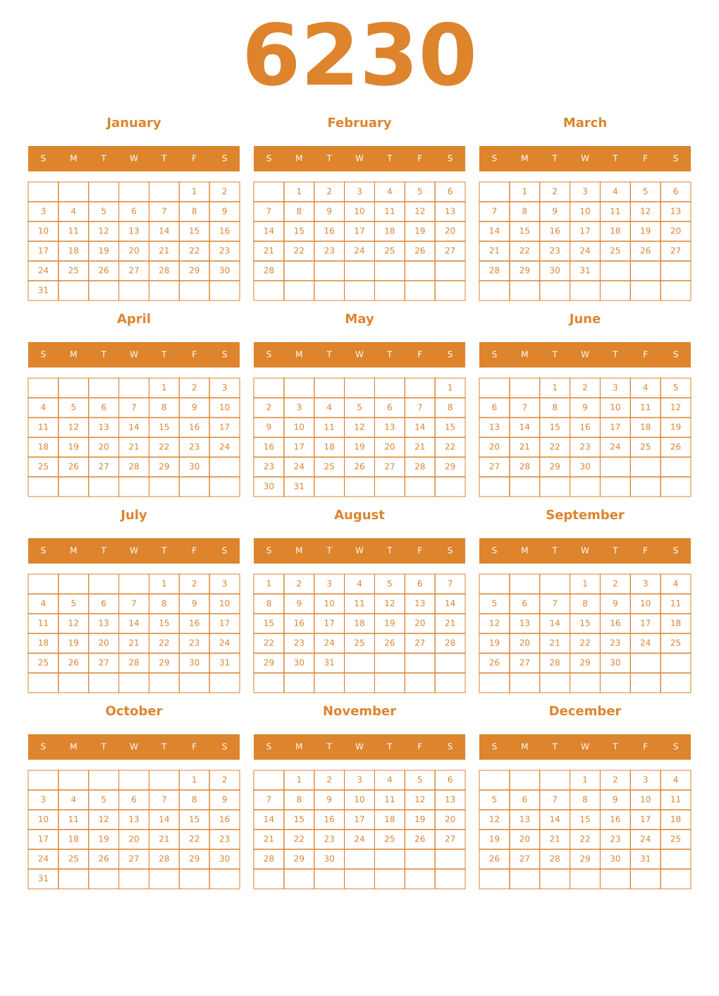 Printable 6230 Year Calendars orange