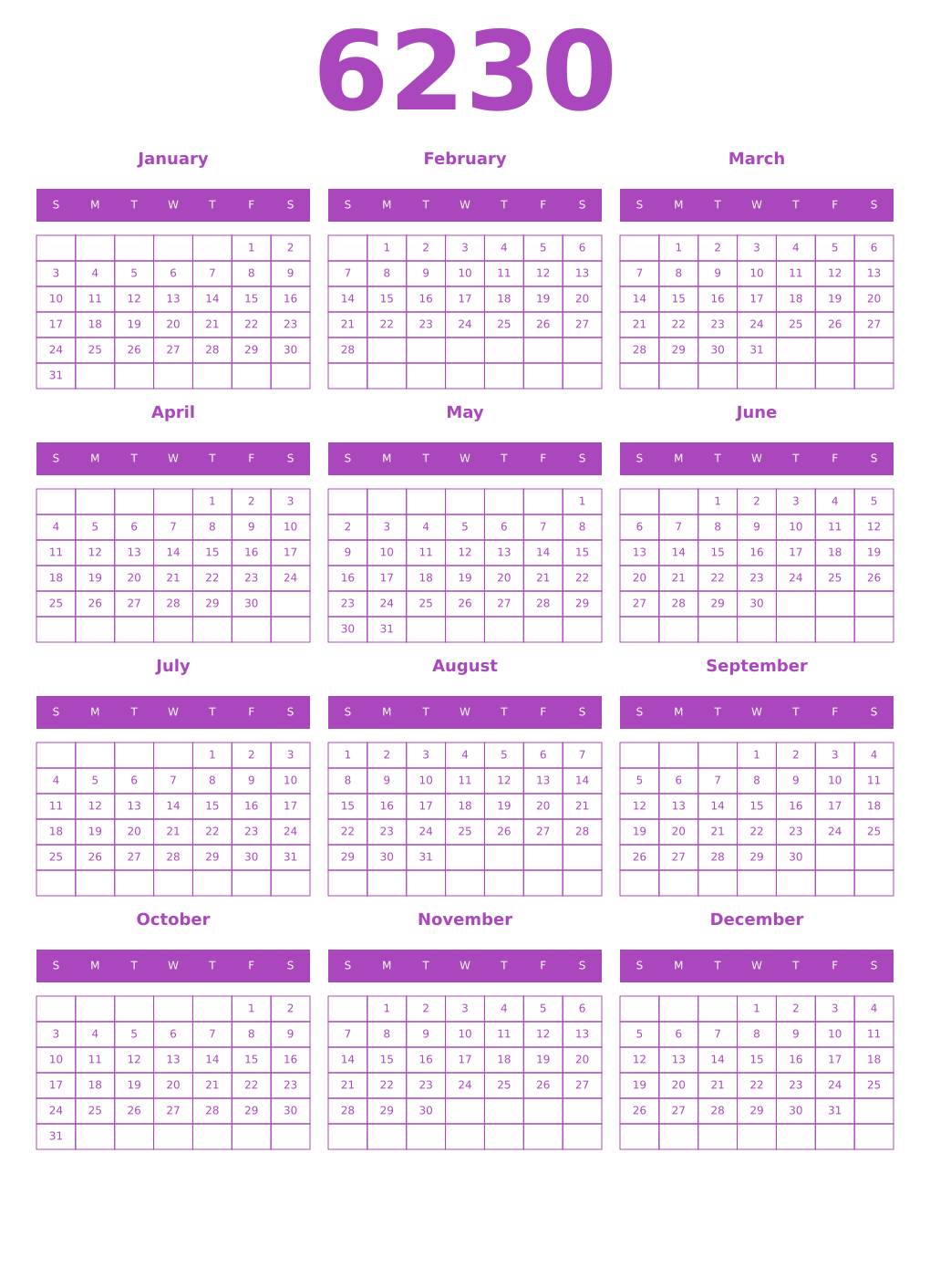 Printable 6230 Year Calendars purple