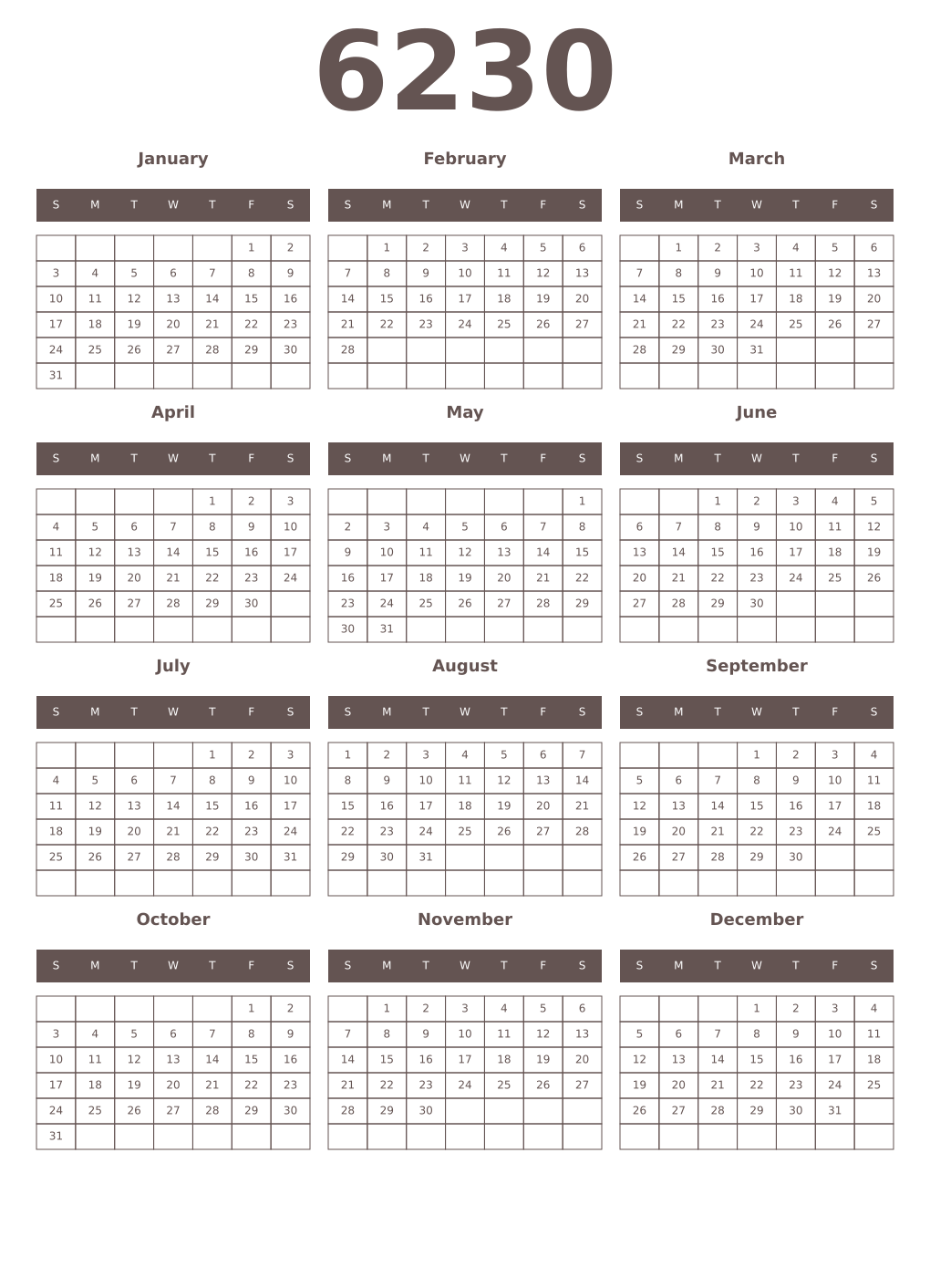 Printable 6230 Year Calendars wenge