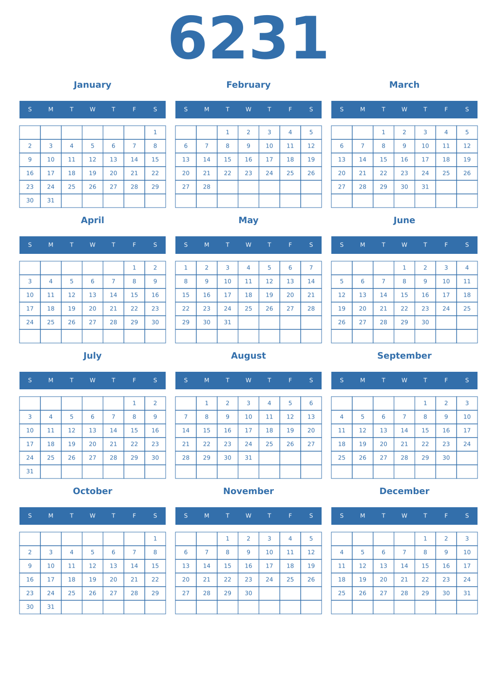 Printable 6231 Year Calendars blue