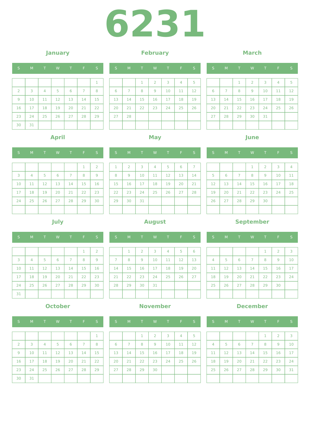 Printable 6231 Year Calendars celadon