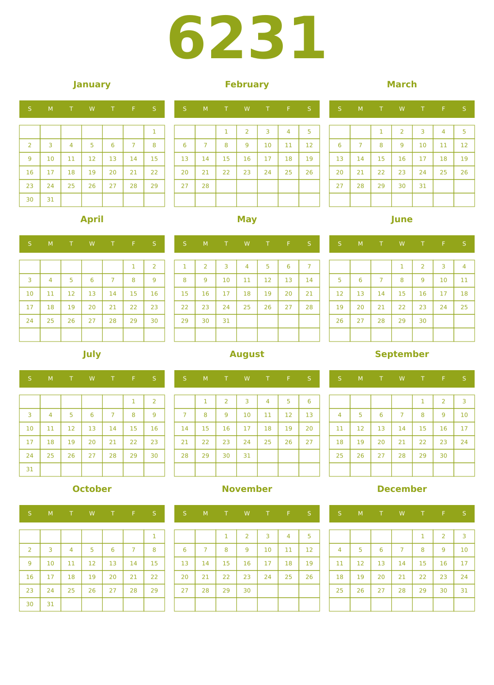 Printable 6231 Year Calendars chartreuse