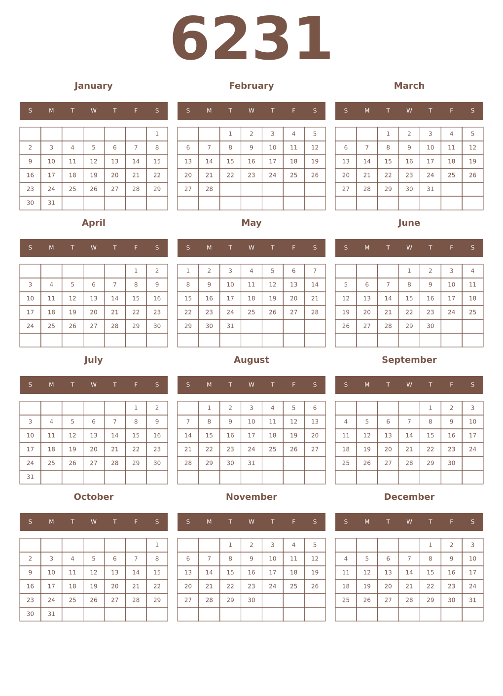 Printable 6231 Year Calendars coffe
