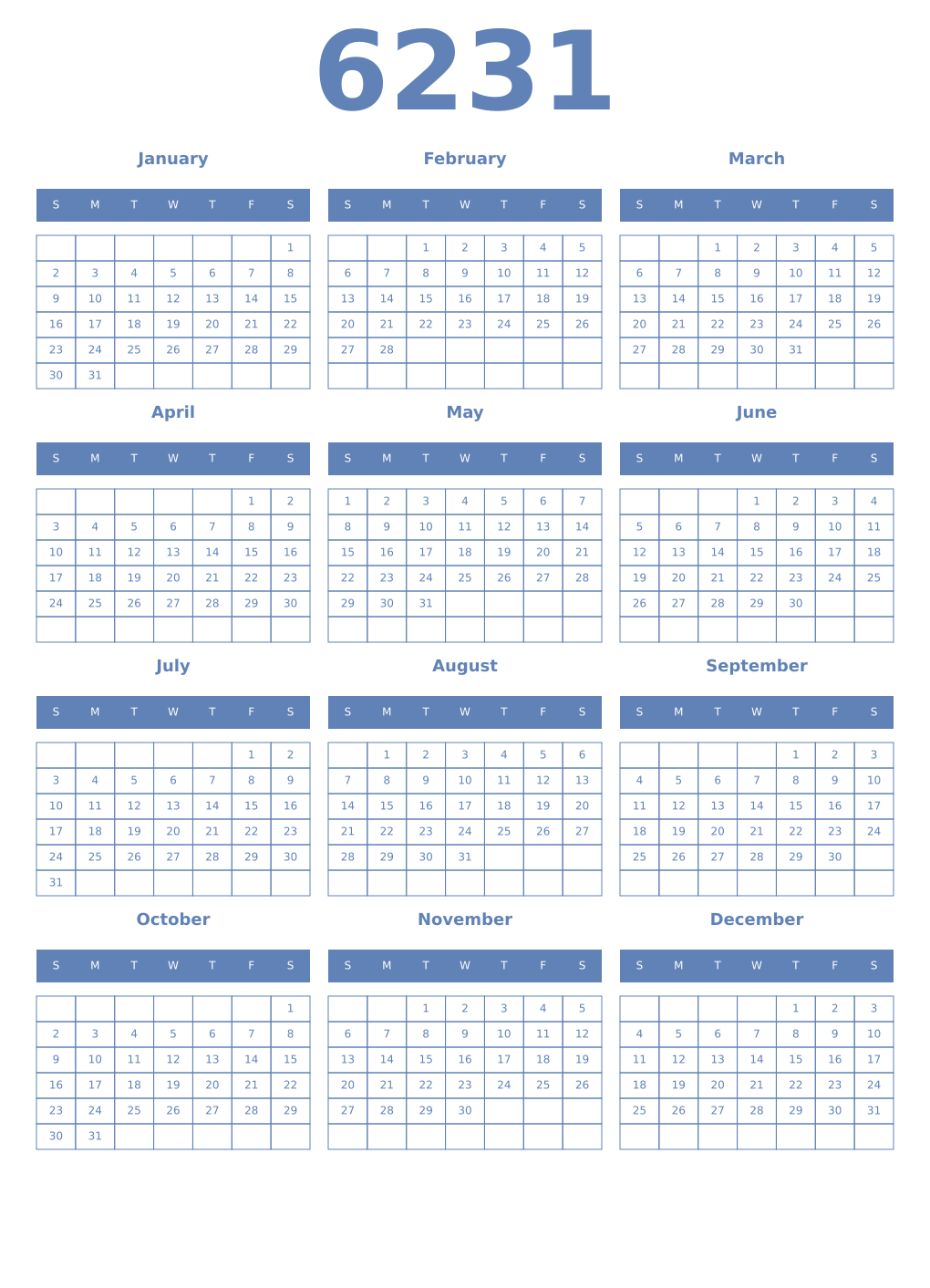Printable 6231 Year Calendars glaucous