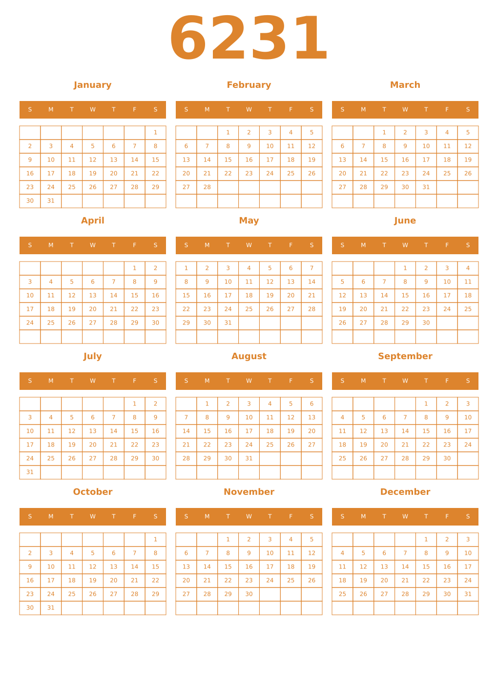 Printable 6231 Year Calendars orange