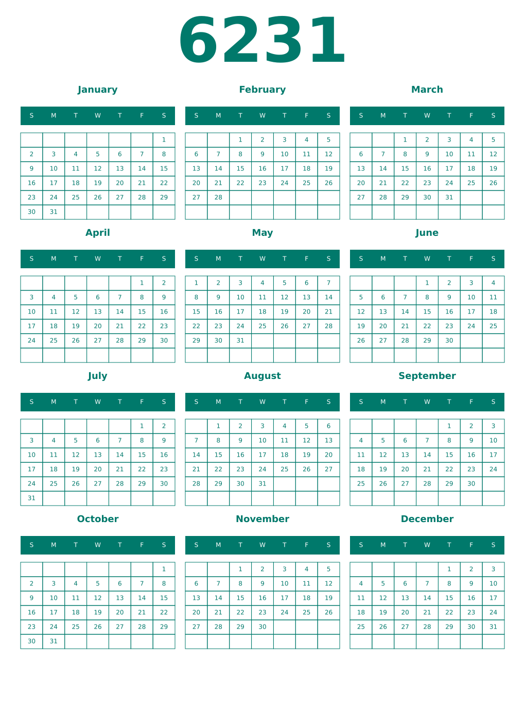 Printable 6231 Year Calendars pastel