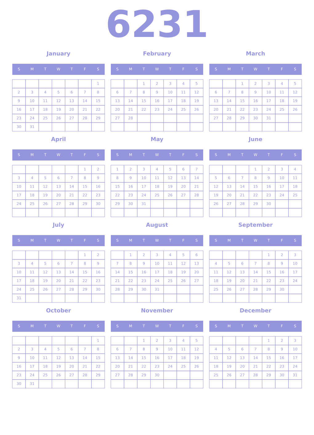 Printable 6231 Year Calendars periwinkle